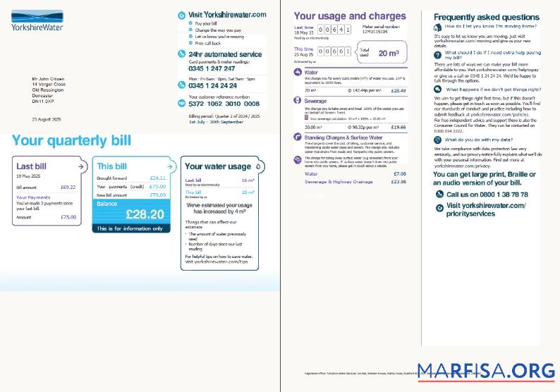 Downloadable United Kingdom Yorkshire Water utility bill template in Word and PDF formats, 2 pages, version 2